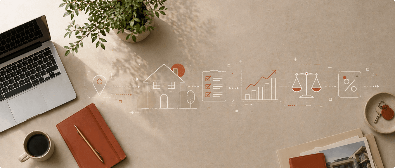 Workspace with laptop and real estate journey illustration