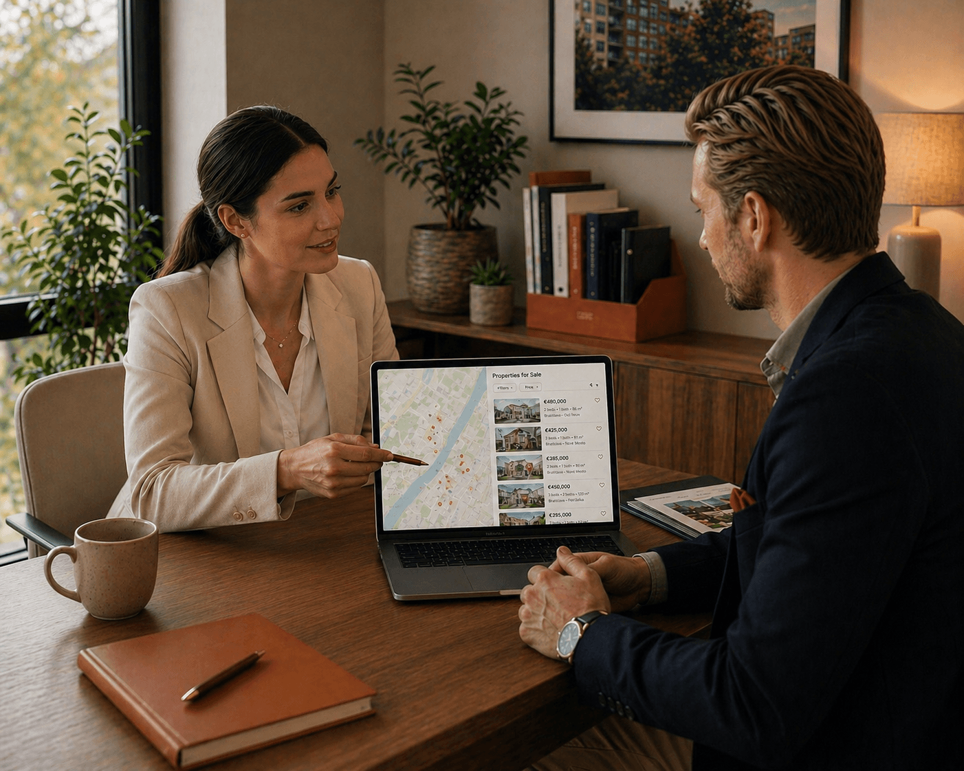 Buyer reviewing listings with agent