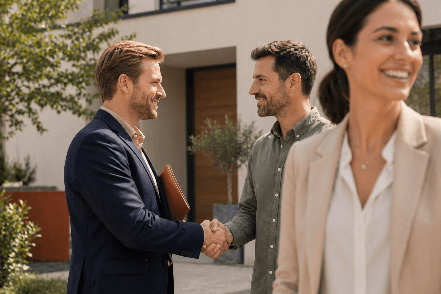 Local agent greeting buyers outside a home